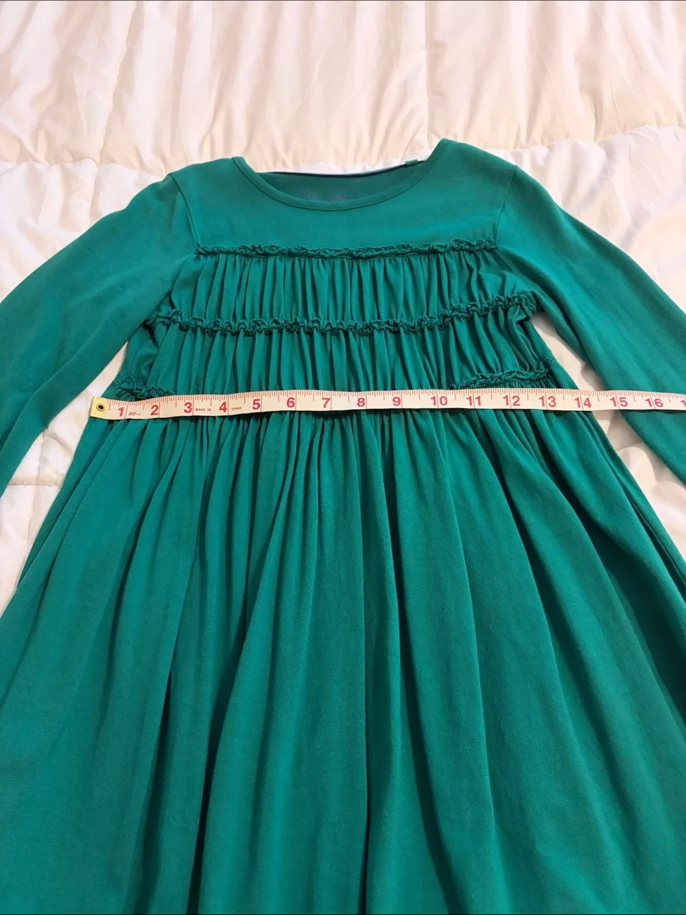 Mini Boden green long-sleeve dress with ruffle trimmed bodice - Size 8-9Y
